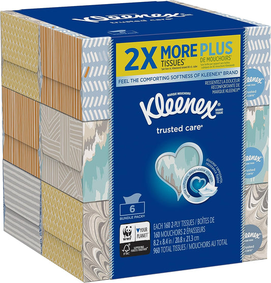 Kleenex Trusted Care Everyday Facial Tissues, Flat Box, 160 Count (Pack of 6)